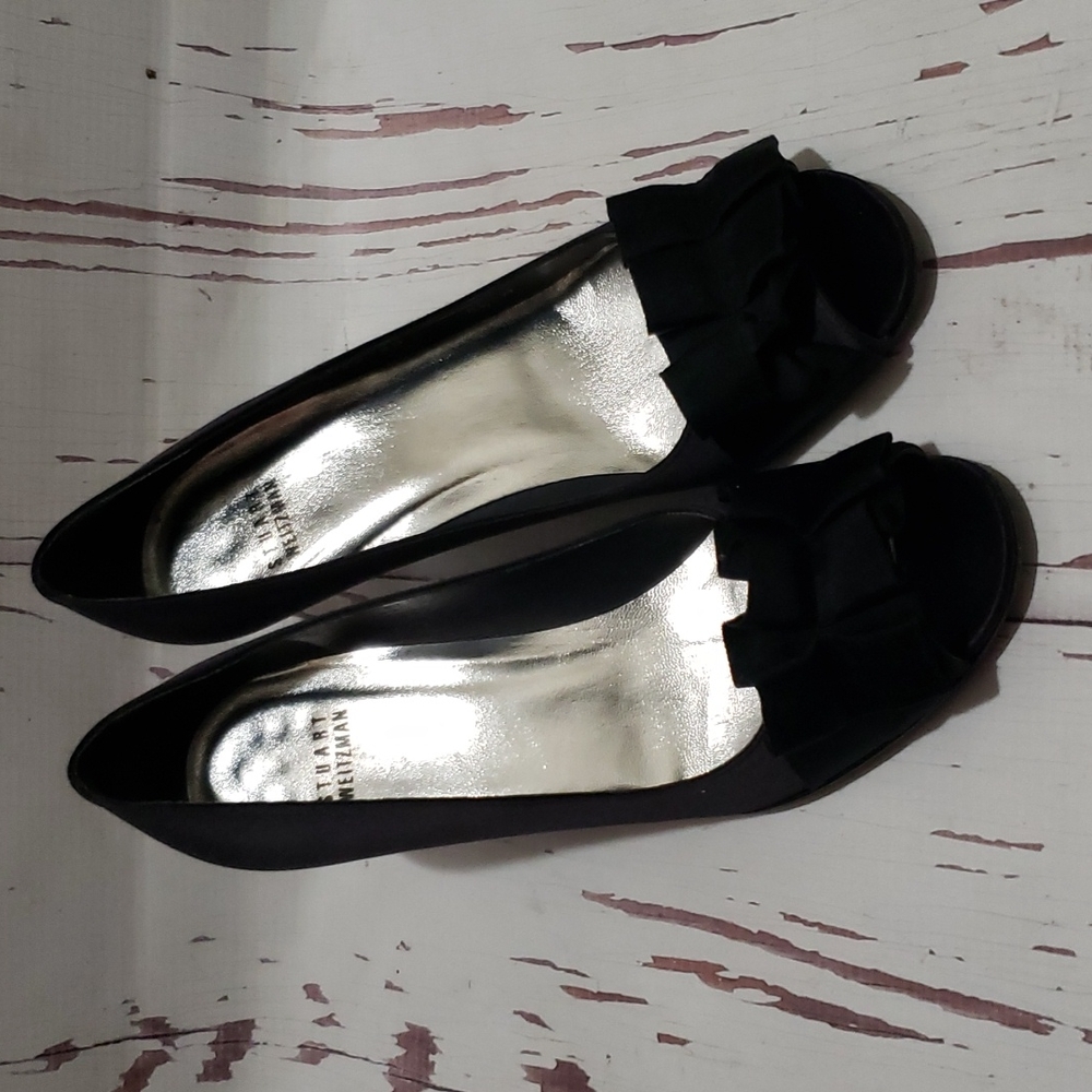 Stuart Weitzman Black Satin Open Open Toe With Ru… - image 2